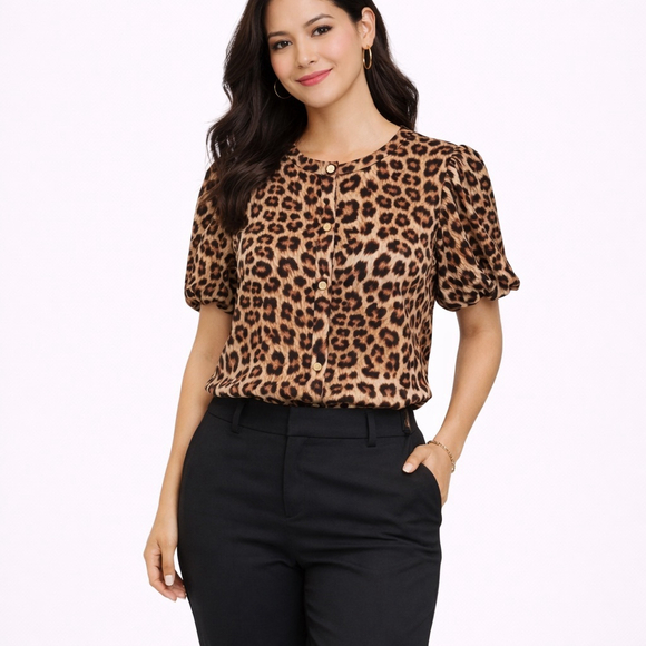 Anne Klein Tops - NWT Women's Anne Klein Leopard Print Blouse L Brown Black